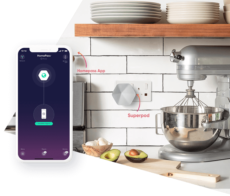 Superpod plugged into kitchen socket with Homepass app open on Apple Smartphone